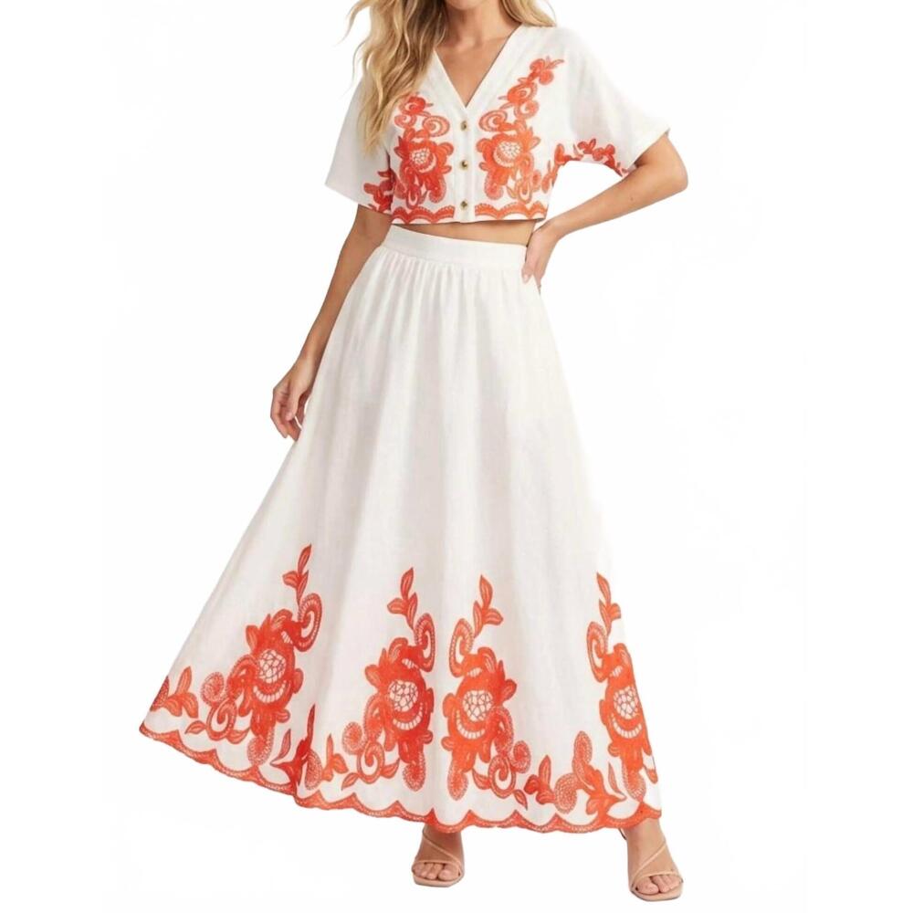 NEW CHICWAYS embroidered two-piece maxi skirt set in red